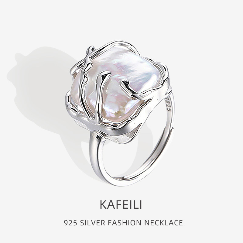 Cross-border niche design light luxury S925 sterling silver ring for women, Baroque pearl square opening ring accessory
