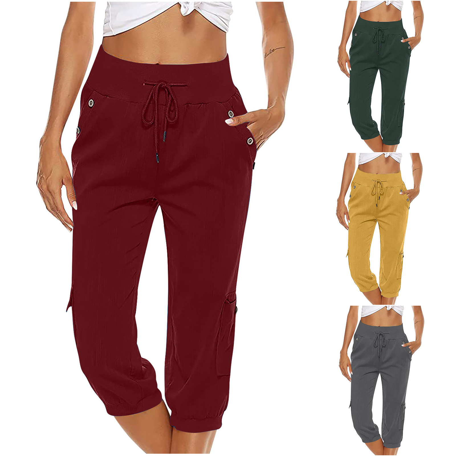 Amazon eBay cross-border European and American women's solid color drawstring loose casual workwear, wide-leg straight leg, seven-inch belt opening Specification image