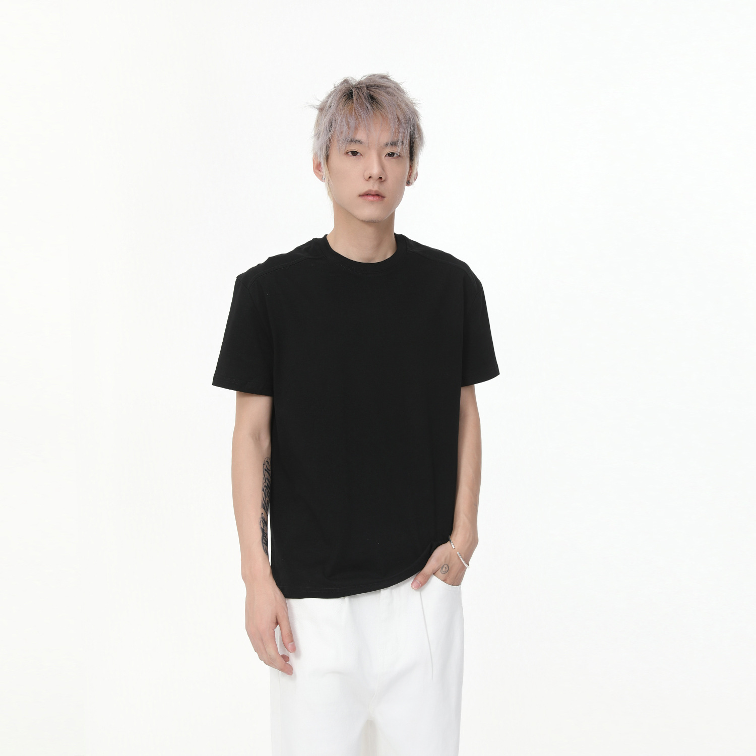 MTLCLOTHES men's wear: Korean-style simple solid color double-shoulder line three-dimensional round neck pullover pure cotton casual short-sleeved trendy Specification image