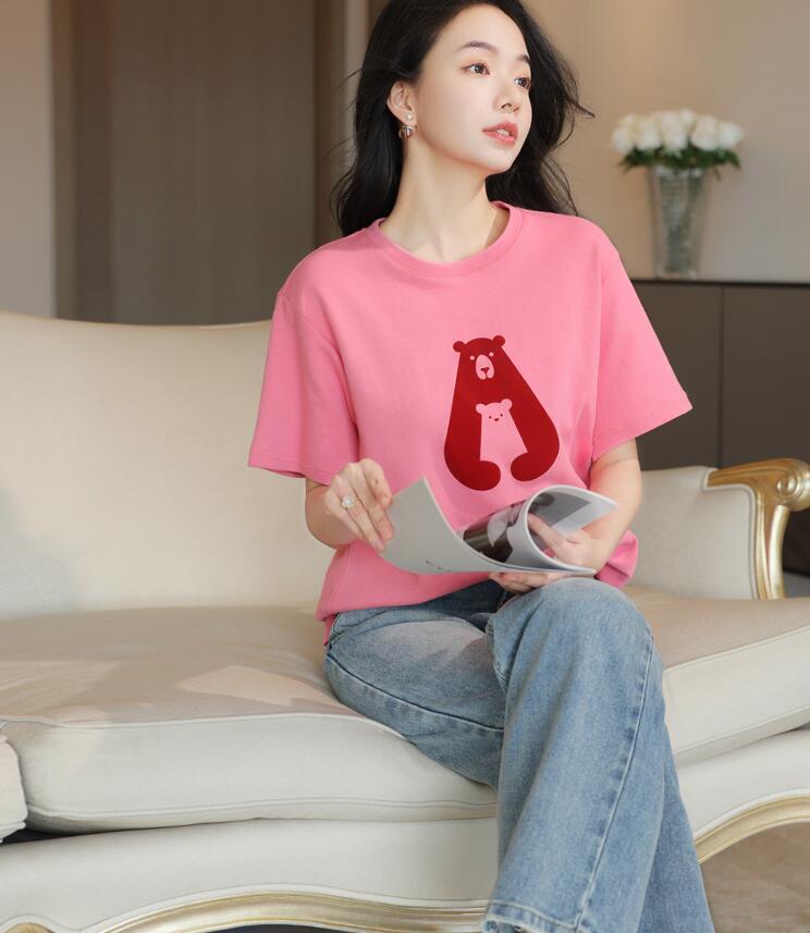 Cute little bear, stylish, casual, versatile, loose and slimming short-sleeved pullover T-shirt top, new spring and summer popular innerwear pic 2
