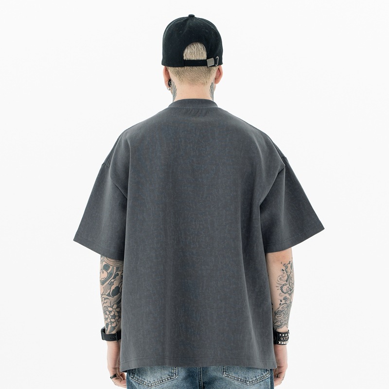 SUP Men's Wear - 2024 Spring/Summer new Collection: American streetwear brand solid color snowflake washable cotton loose off-the-shoulder short-sleeved T-shirt for men Application Scenario