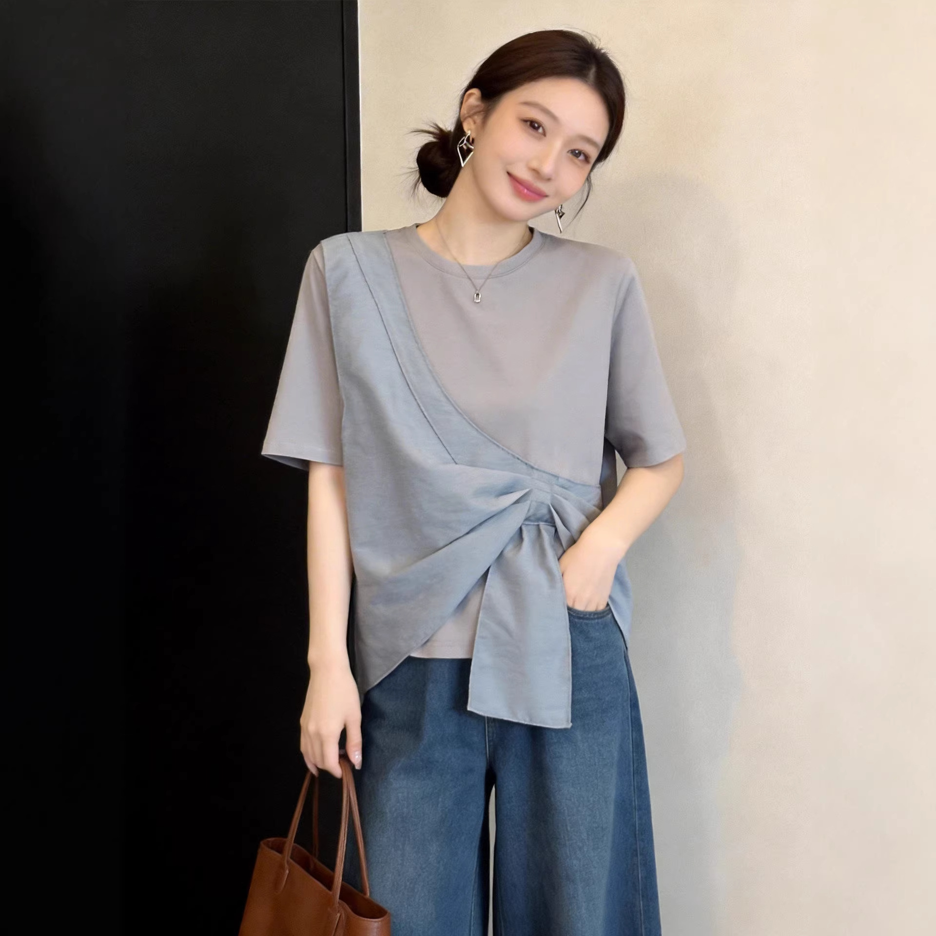 Light blue irregular short-sleeved T-shirt for women's summer, a new versatile, casual, slimming and youthful off-the-shoulder top 11314 Specification image