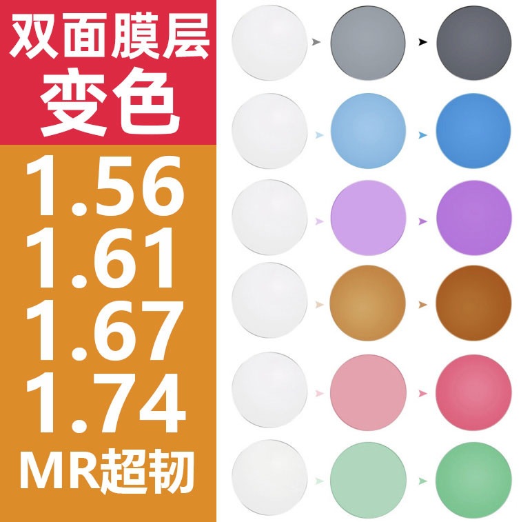 1.61变色镜片1.56基变1.67变灰镜片近视MR防蓝光膜变灰茶粉紫蓝