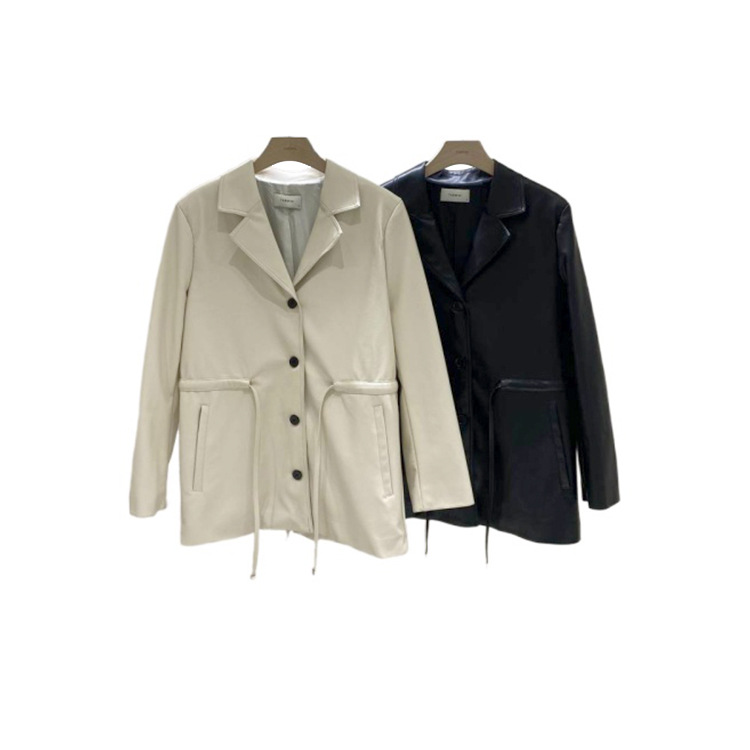 Principios de primavera nuevo estilo coreano suelto cordón cerrado cintura largo medio PU traje mujer abrigo Item Picture