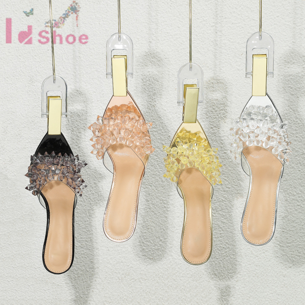 2022 Spring New Transparent Crystal Fine Heel Pointy Shallow Mouth High Heels Female After Empty Rhinestone Baotou Sandals Female details Picture