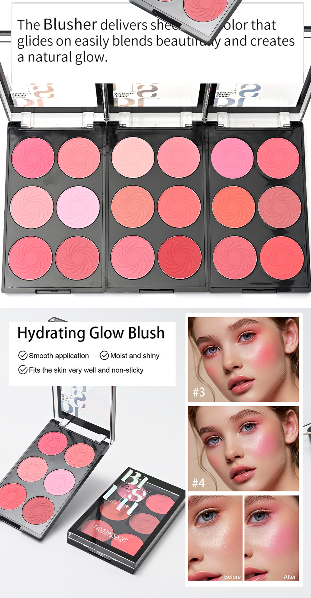 SEVENCOOL Long-lasting Color Blush Set: 6-color matte Natural Fit, easy to apply, Contouring blush for cross-border export pic 8