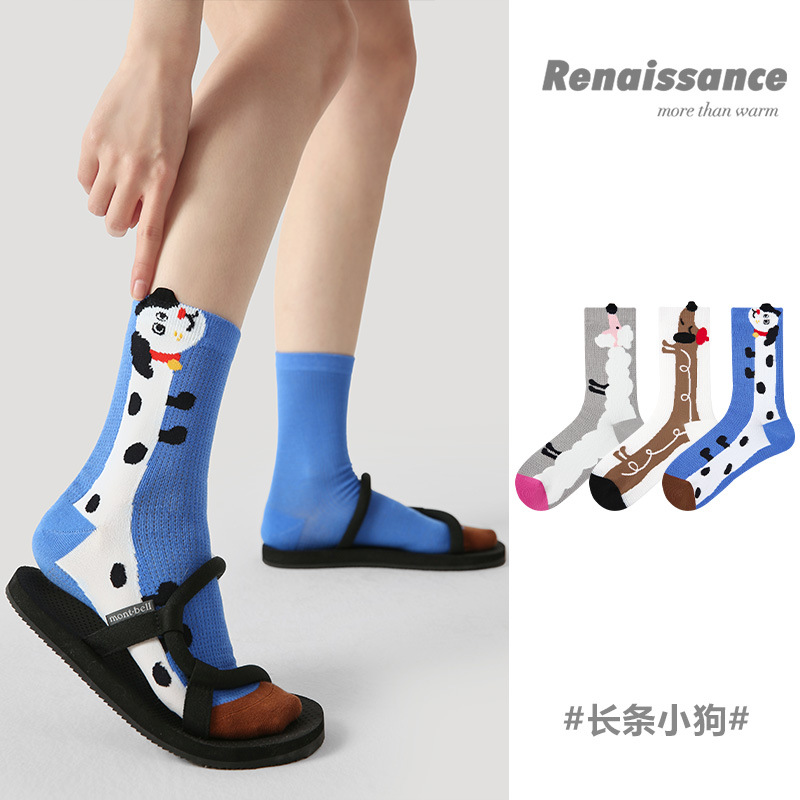 Renaissance long, three-dimensional puppy animal mid-calf socks for girls, striped and color-blocked mesh breathable women's socks details Picture
