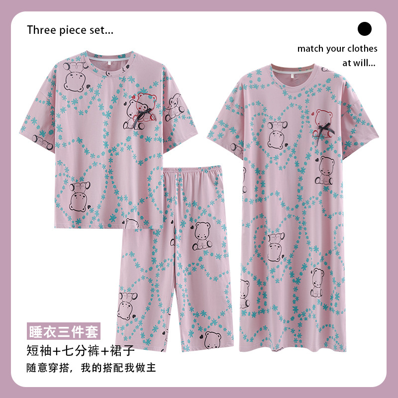 Pyjamas Women Summer Short Sleeve Mid-Length Trousers Women Cropped Trousers Set Home Wear Cotton Summer Nightdress Three-Piece Set Can Be Worn Outside Specification drawing