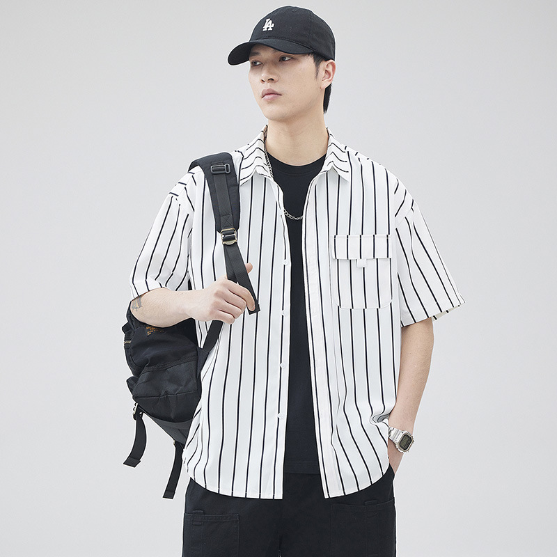 Striped short-sleeved shirts for men, thin and loose summer style, Hong Kong style, American high street, student casual and versatile cardigan shirt trend details Picture