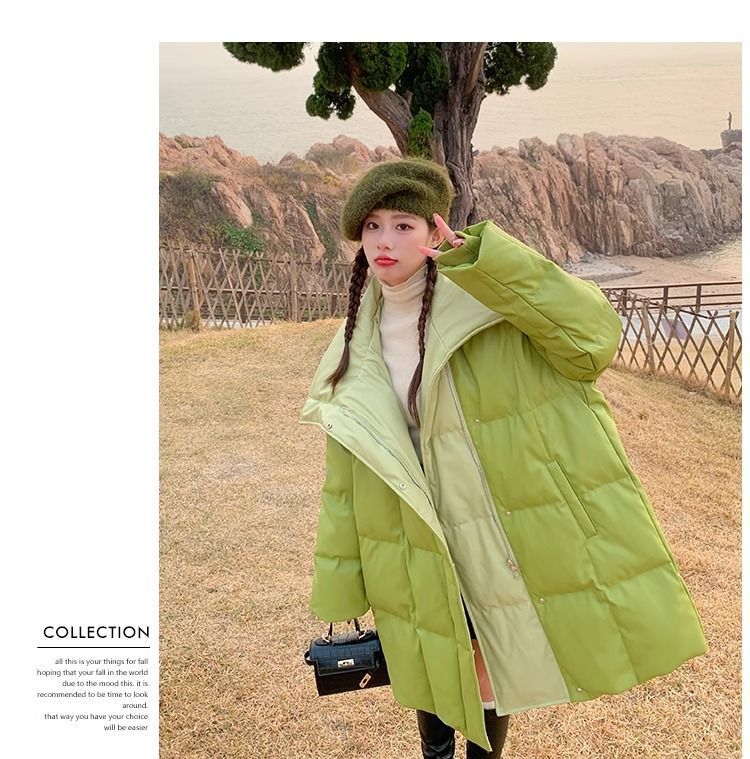 Aguacate verde pato blanco abajo PU piel abajo chaqueta para mujeres estilo mediano largo diseño de nicho sentido influencers estilo explosivo abrigo sin lavado pic 16
