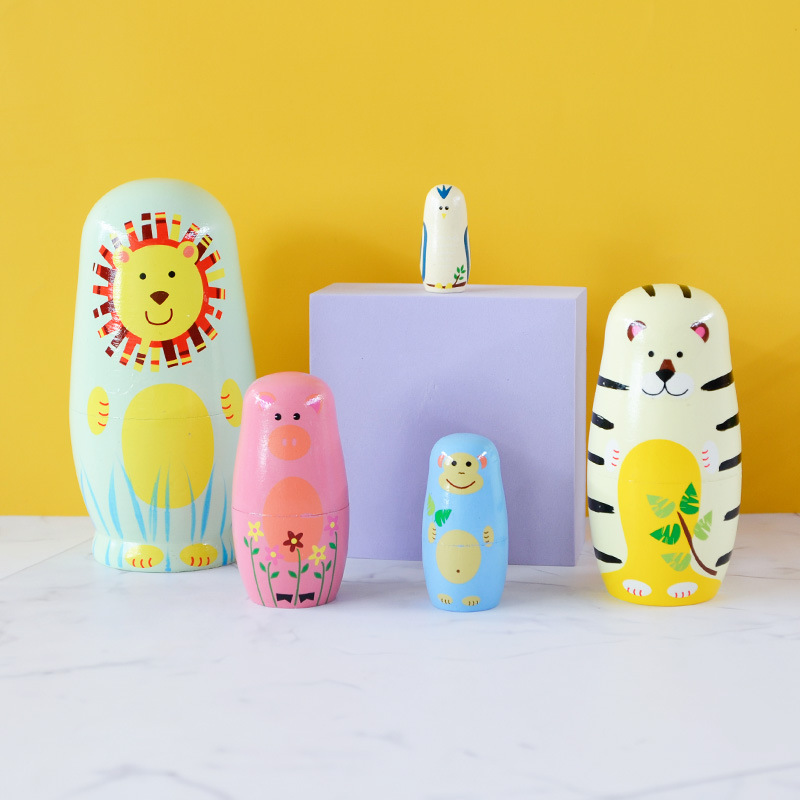 Russian Matryoshka five-layer pink tiger Matryoshka holwood ground painted decorative piece painted wood handicraft in stock Application Scenario