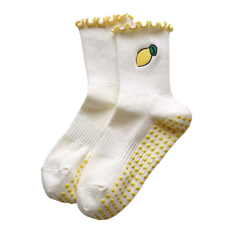 Sock stall, one-piece delivery, yoga socks, women's professional anti-slip silicone mid-calf socks, fitness and sports Pilates, cartoon fruit embroidery floor socks, one-piece delivery Item Picture