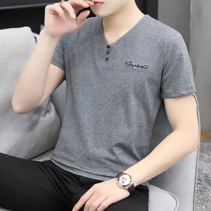 Short-sleeved men's 2023 summer new ice silk embroidered V-neck slimming casual quick-drying T-shirt Men's top wholesale