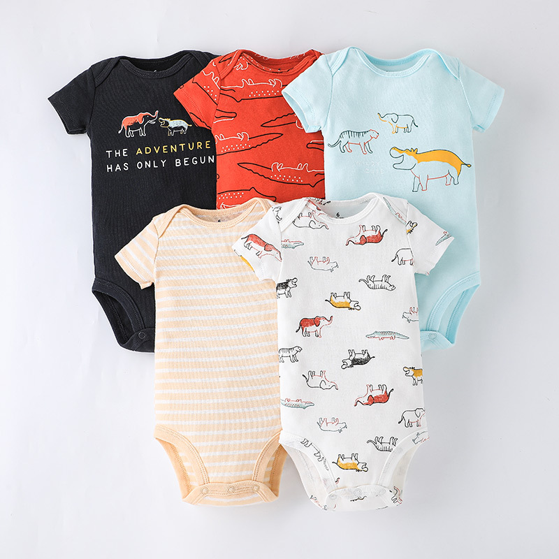 Summer short-sleeved triangular khaki for newborns, cute five-piece set for boys and girls, one-piece suit and crawling suit details Picture