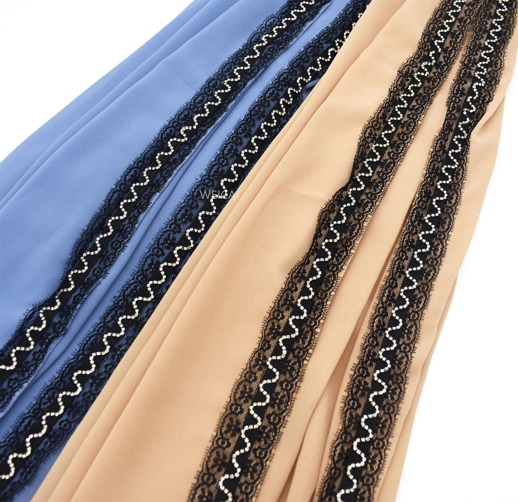 新款单色珍珠雪纺纱巾蕾丝水钻围巾外贸hijab马来印尼回族包头巾