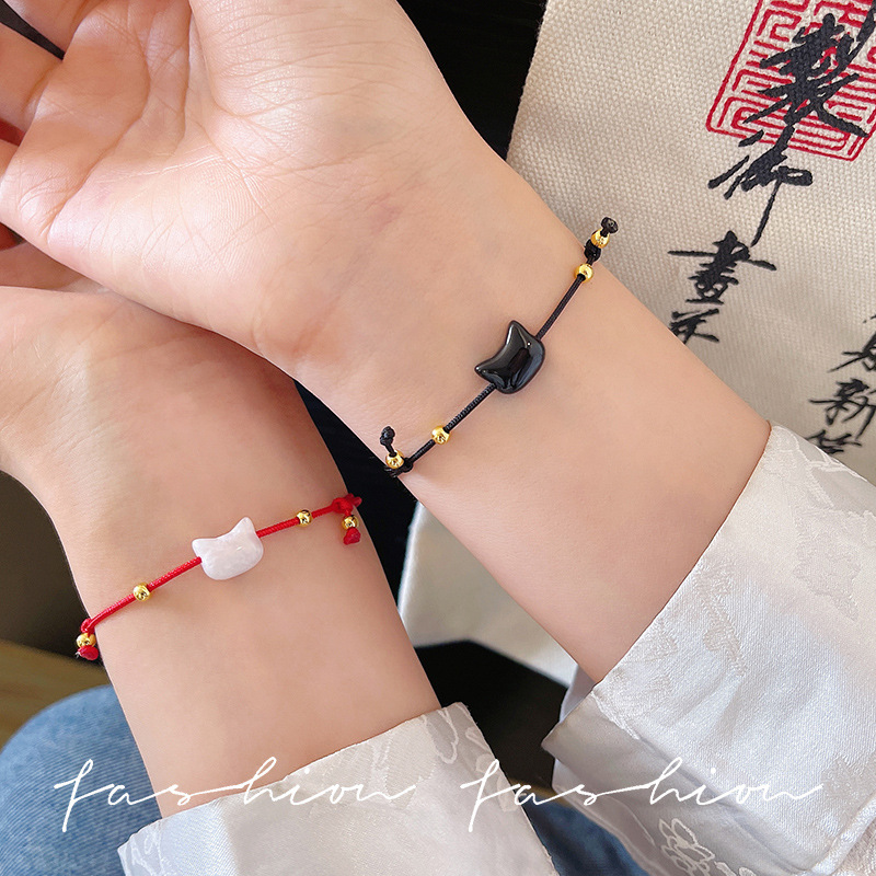 小红书爆款黑猫白猫手链精致小众编织情侣国潮手绳简约百搭手饰