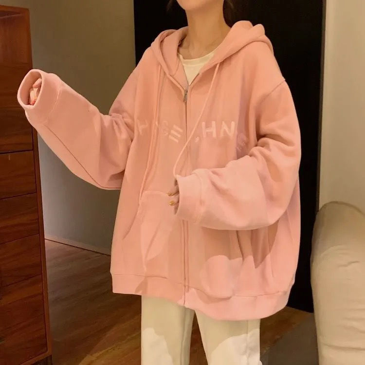 粉色卫衣女春夏薄款韩版慵懒风宽松百搭休闲长袖上衣连帽开衫外套