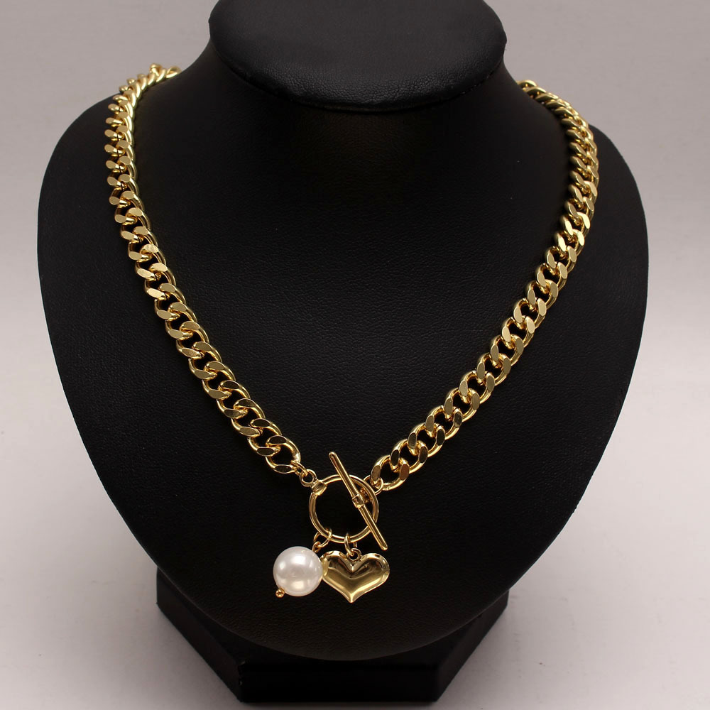 INS Cuban micro zircon Love shell Pearl pendant thick chain copper plated real gold necklace bracelet set Item Picture