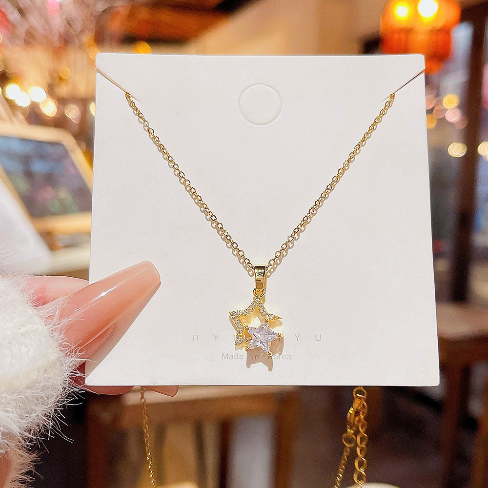 Temperament Pentacle Necklace Light Luxury Minority Zircon Pendant Fashion All-Match Titanium Steel Clavicle Chain Senior Sense Accessories Women details Picture