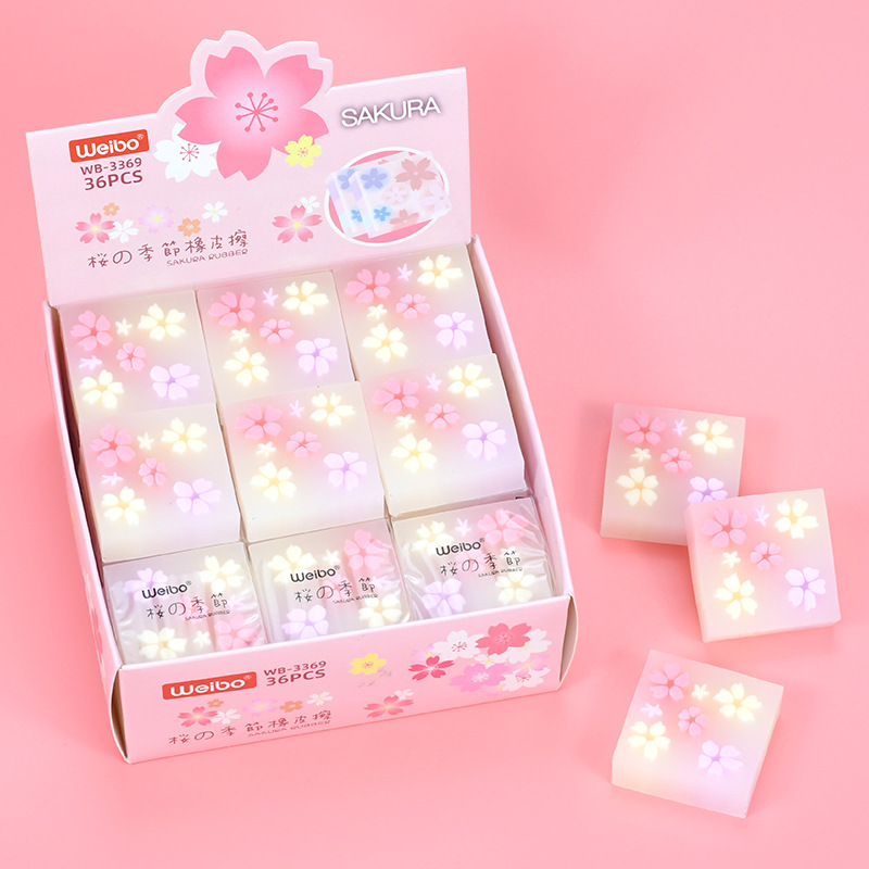Weibo Stationery Wholesale Regular leather creative Erasers Square creative cute Sketch drawing erasers Cherry Blossom Application Scenario