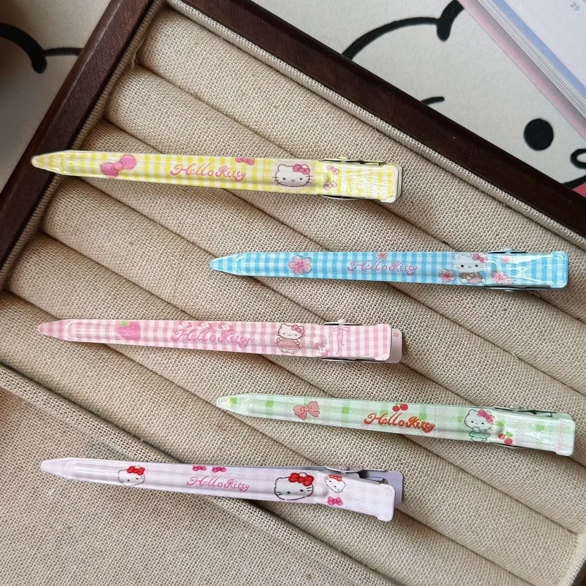 日系甜美风印花格子猫咪金属长条发夹可爱少女少女鸭嘴夹发卡发饰
