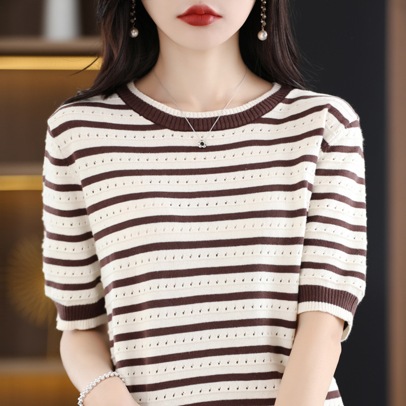 Summer women's tops, all-solid-color knitted cotton short-sleeved women's T-shirts, women's round-neck vests, striped loose, wholesale and consignment for foreign trade details Picture