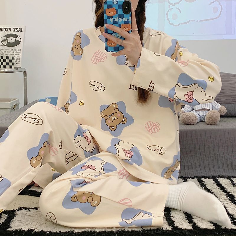 100% algodón pijamas de alta calidad mujeres primavera otoño manga larga 100% algodón estudiantes ins dormitorio puede ser usado fuera del traje de hogar Application Scenario