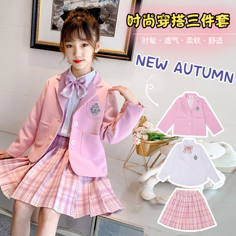 2022 Spring and Autumn New stylish Children's suit plaid skirt set, a three-piece set for little girls