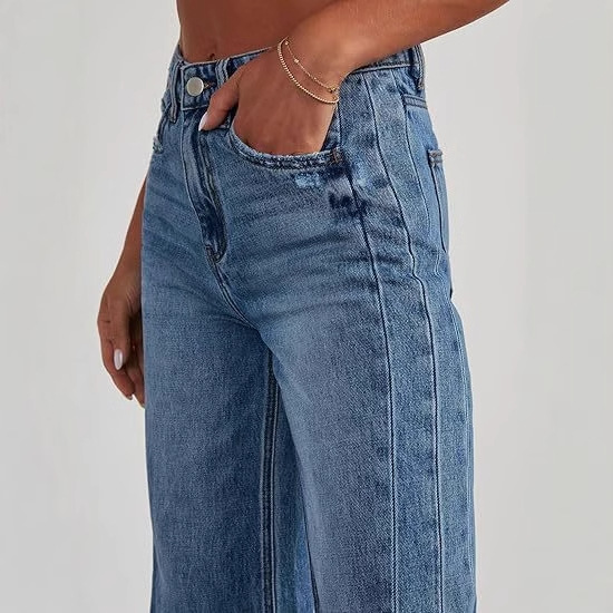 Retro blue women's wide-leg jeans, high-waisted, hip-hugging and slimming elastic denim pants, loose straight-leg denim pants Application Scenario