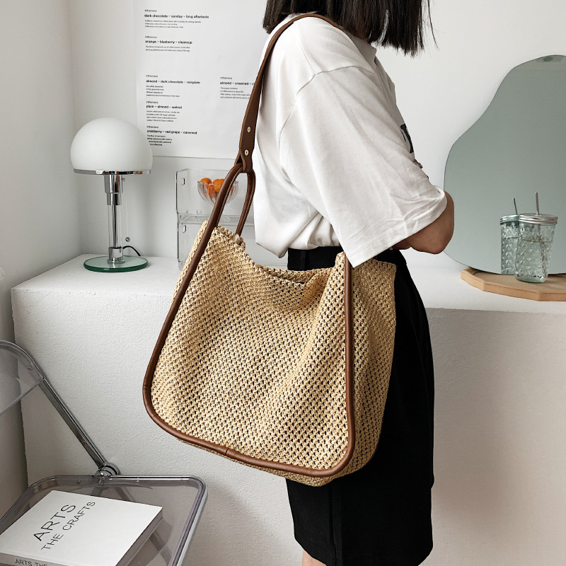 Foreign Trade Large Capacity Portable Straw Bag Female 2022 New Toth Personality Color Contrast Summer Commute Bag Single Shoulder Knitting Specification drawing