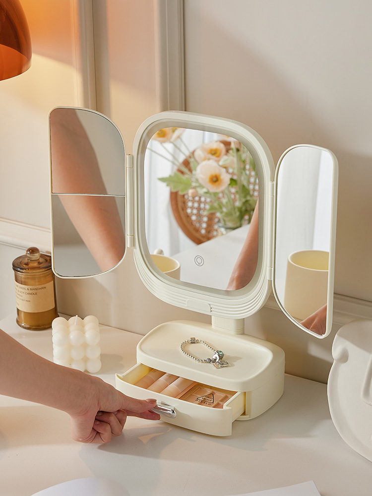 Desk With Light Makeup Mirror Dresser Bedroom Countertop Lipstick Foundation Drawer Box Shelf Makeup Storage Box details Picture