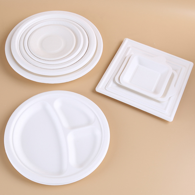 一次性纸浆餐盘可降解白色5 6 12寸加厚甘蔗浆方形纸盘圆盘蛋糕碟