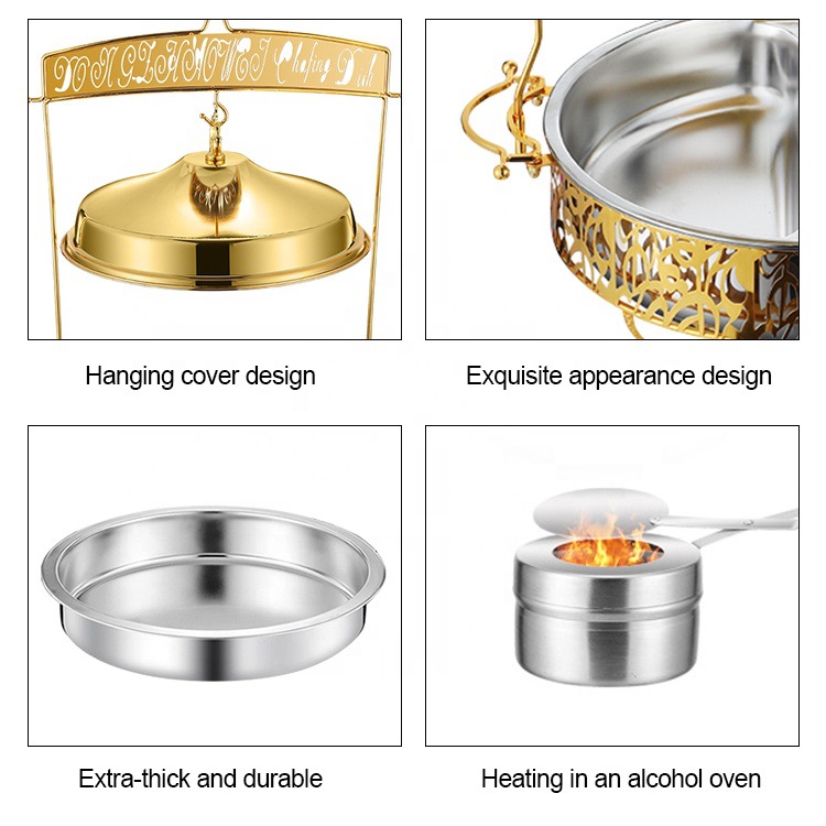 Cross-border golden stainless steel gold-plated buffet stove hydraulic cover breakfast heating and insulation stove commercial hotel restaurant Specification image
