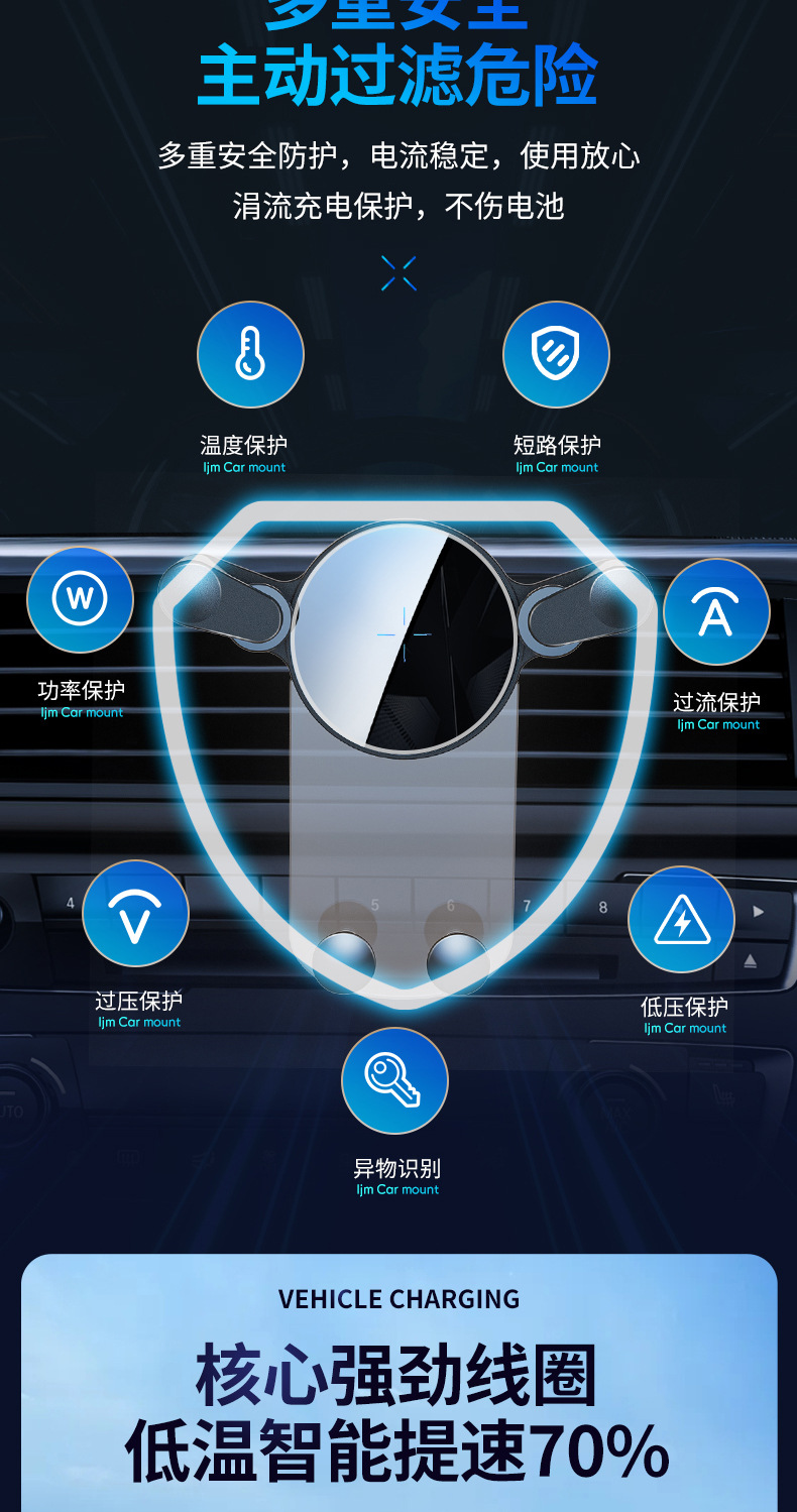 新款15W车载手机支架无线充电汽车卡扣式无线充车载支架厂家直销详情4
