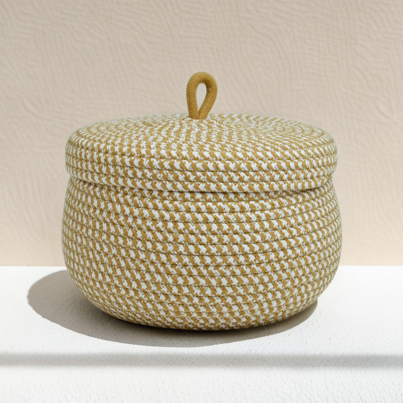 Desktop Storage Basket With Cover Dustproof Cosmetics Snacks Sundry Round Storage Basket Handmade Cotton Rope Woven Egg Basket Application Scenario
