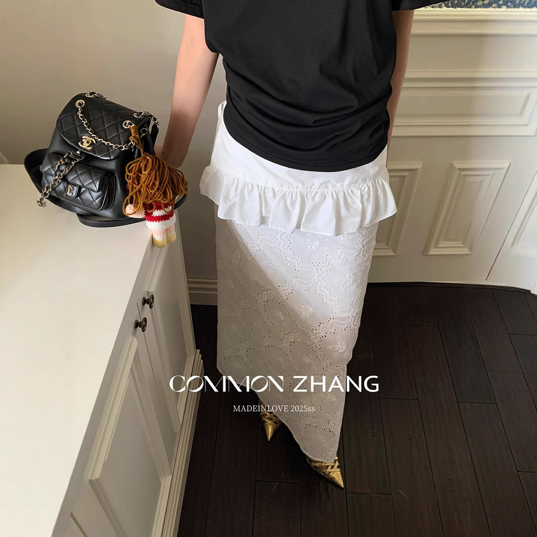 CZ ZHANG Summer French lace slightly translucent texture lace curtain spliced straight A-line skirt B12425 Specification image