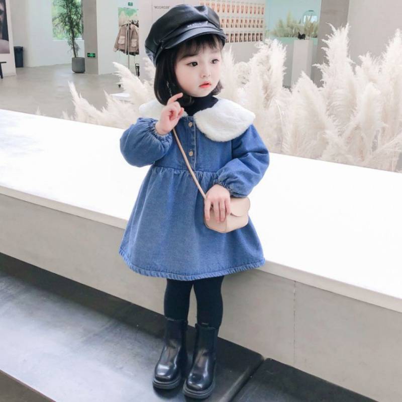 Girls' fleece denim dress for autumn and winter, a stylish princess dress for children aged 1-5 Specification image