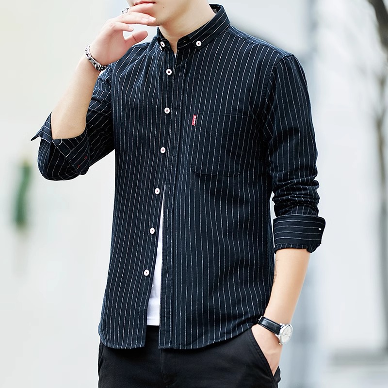 Spring new style long-sleeved Korean-style casual high-end striped shirt, slimming and youthful trendy men's cardigan Specification image