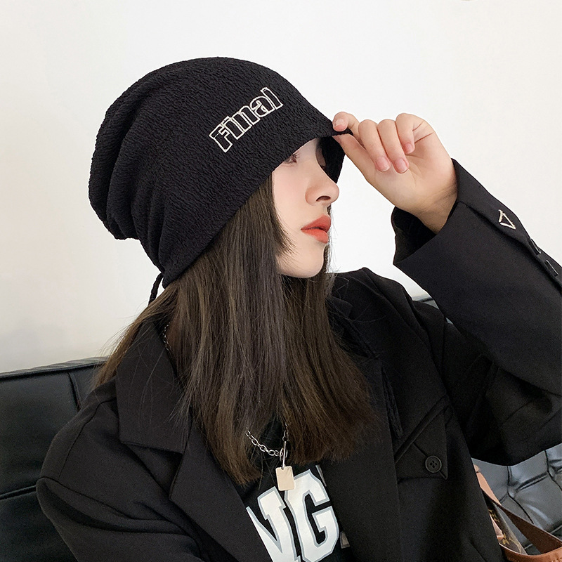 Japanese-style drawstring black pile hat, versatile for men and women in all seasons, cold hat, postpartum hat to show off face, small bun hat trend Specification image