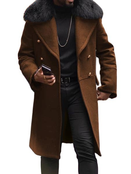 Casual woolen solid color slim-fit double-breasted brown side-sewn pocket wool men's coat in stock for young people 6607