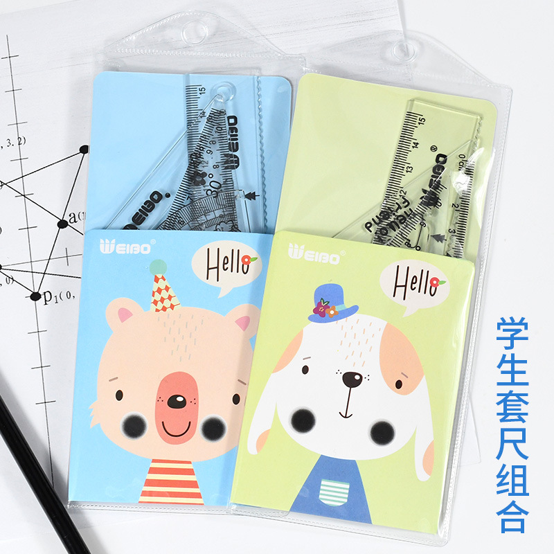 A new 4-piece cartoon transparent and cute plastic ruler set for primary school students' learning stationery