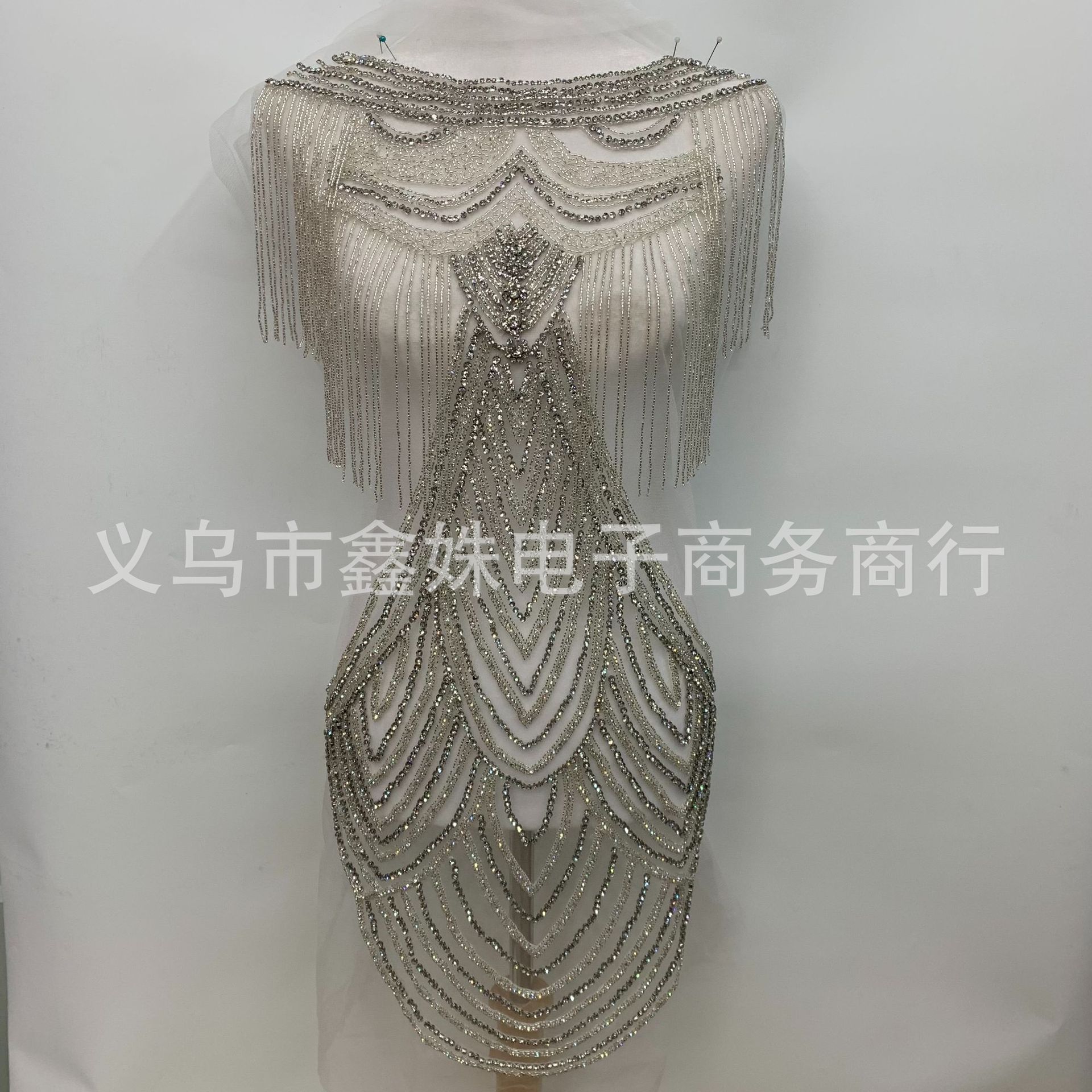 Double-layer tassels, hand-stitched, heavy floral applique, crystal rhinestone patch, wedding dress, Latin dance fashion show