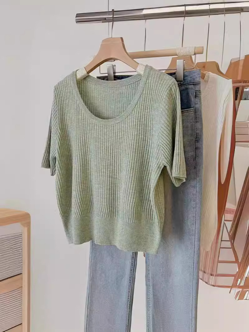 Crew-Neck Knitted T Shirt Women Thin 2024 Summer New Design Sense Small Small Knitwear Short-Sleeved Top Item Picture