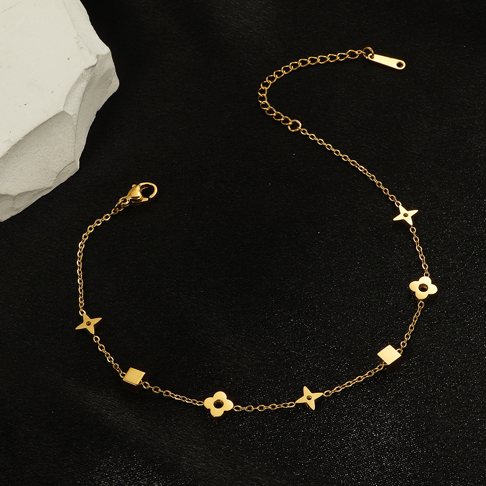 钛钢脚链不掉色轻奢高级感气质女款四叶花小方块小众设计简约足链