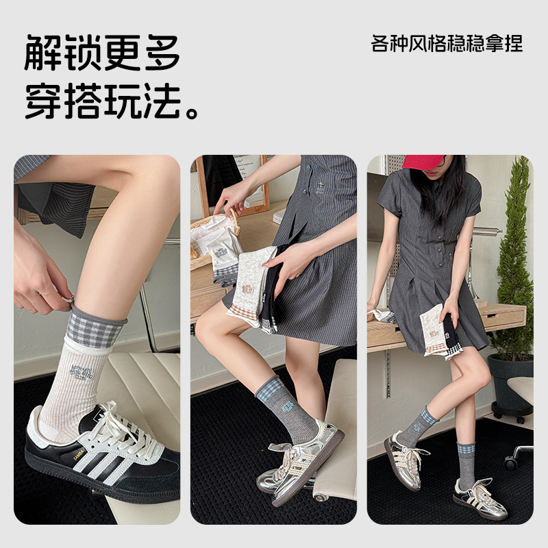 Zhuji Women's Spring and summer thin boneless mesh breathable pile-up socks double buttoned checkered miu thigh-high socks Specification image