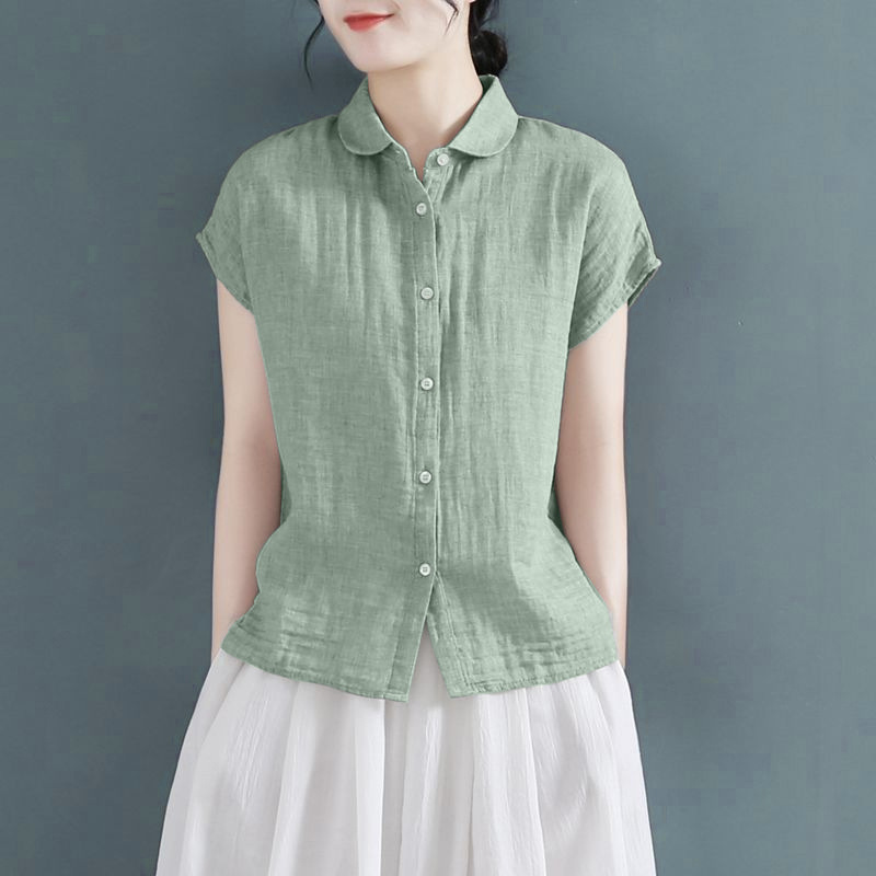 Summer polo collar design sense cotton and linen short-sleeved shirt, women's loose small flying sleeve cotton and linen shirt, plus-size linen top Specification image