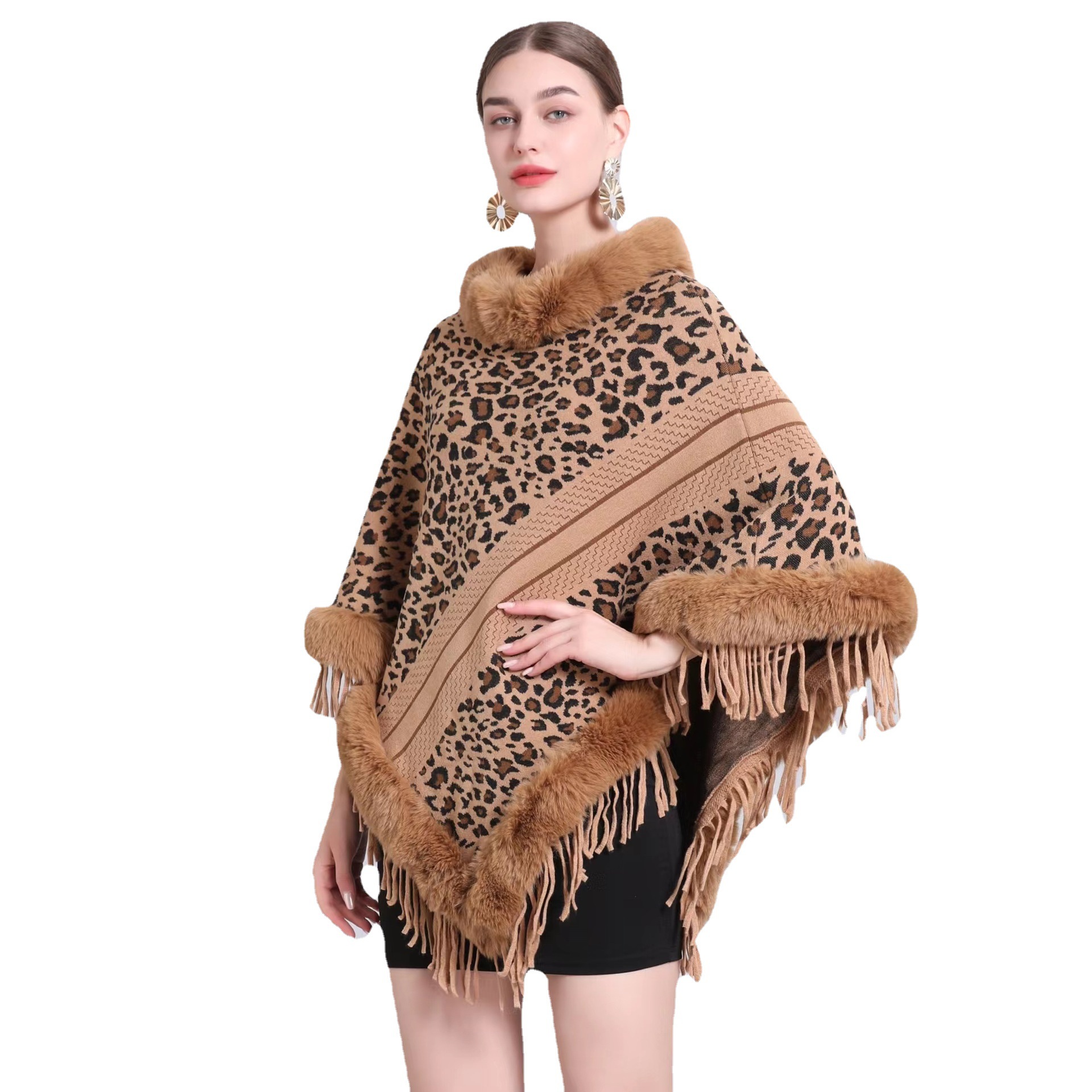 306# New Faux Rex Rabbit Fur Collar Cape Cape For Women Jacquard Fringe Knitted Pullover Plus Size Bat-Sleeve Cape Item Picture