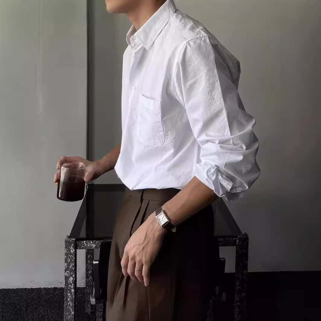 American vintage cotton and linen shirt for men, European brand loose, sun-protective long-sleeved, pleated and textured linen workwear shirt Item Picture