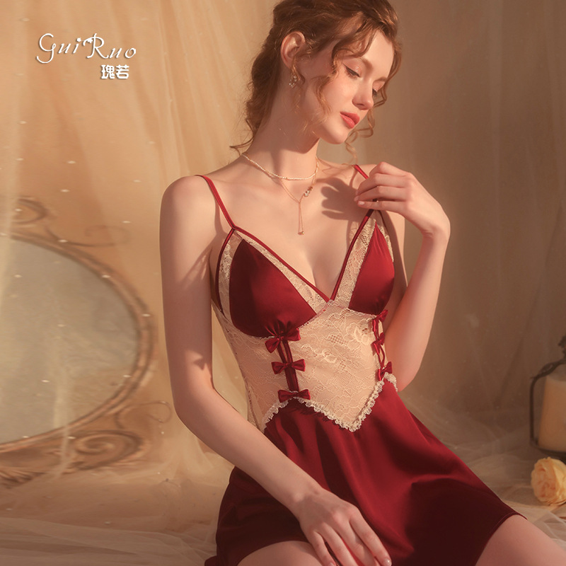 Rose Girl Private pajamas Sweet bow lace see-through halter nightdress Women's home dress set 1667 Application Scenario
