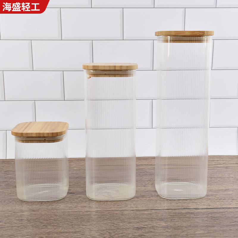 Smooth/striped glass sealed jar with bamboo lid moisture-proof storage bottle, kitchen ingredients coffee bean portioned jar Application Scenario